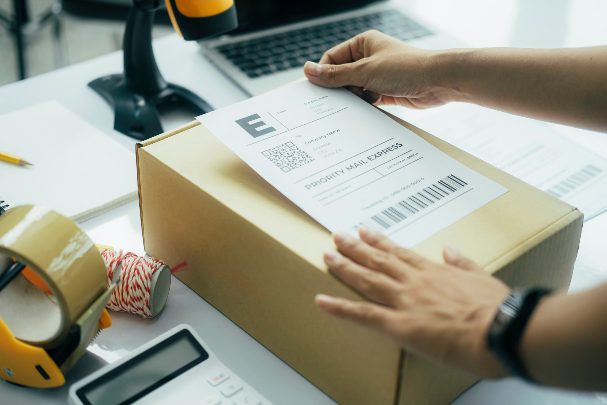 a shipping label being applied to a package
